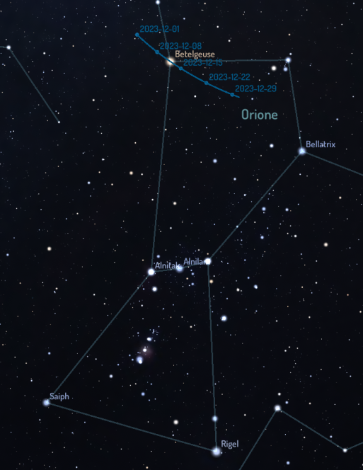 Traiettoria dell’asteroide 319 Leona nella costellazione di Orione. Il giorno 12 dicembre alle ore 2:13 circa di tempo locale occulterà la stella Betelgeuse