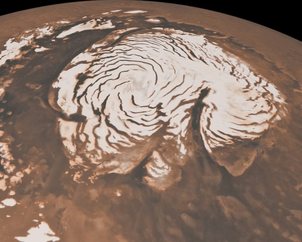 Immagine ottenuta dal Mars Global Surveyor della Nasa che mostra il permafrost della regione polare settentrionale di Marte. Crediti: Nasa/Jpl-Caltech/Msss