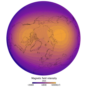 Mappa che mostra i cambiamenti di intensità del campo magnetico sopra il Canada e la Siberia. Crediti: Esa, C.C. Finlay et al., 2025