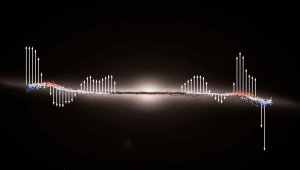 L’immagine presenta uno sfondo scuro con una sottile linea orizzontale luminosa che attraversa il centro: si tratta del disco della nostra galassia. Sopra e sotto questa linea, numerose frecce bianche puntano verso l’alto e verso il basso. Queste frecce hanno lunghezze diverse e sono distribuite uniformemente lungo la linea. Sparsi tra le frecce ci sono piccoli punti rossi e blu. L’immagine rappresenta una visualizzazione di dati astronomici, che illustra le posizioni e i movimenti delle stelle nella nostra galassia. Crediti: Esa/Gaia/DPAC, S. Payne-Wardenaar, E. Poggio et al (2025)