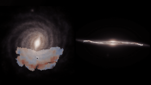 Questa immagine è composta da due parti. Sinistra: è raffigurata una vista dall'alto di una galassia a spirale. Presenta un rigonfiamento centrale luminoso con diversi bracci a spirale che si irradiano verso l'esterno. Sulla parte inferiore della galassia è sovrapposta una visualizzazione dei dati, con colori che vanno dal blu al rosso. Un'etichetta con la scritta “Sole” indica una posizione specifica all'interno di questa sovrapposizione. Destra: viene presentata una vista di profilo della stessa galassia a spirale. Essa rivela il disco sottile della galassia e il rigonfiamento centrale dal lato. Punti colorati sono sparsi lungo il disco, e rappresentano gli stessi dati della sovrapposizione sul lato sinistro. Crediti: ESA/Gaia/DPAC, S. Payne-Wardenaar, E. Poggio et al (2025)