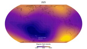 Mappa che mostra le intensità del campo magnetico terrestre in diverse aree del globo, così come rilevate dalla missione Swarm dell’Esa. In basso a sinistra è indicata l’area corrispondente all’Anomalia del Sud Atlantico. Crediti: Esa, C.C. Finlay et al., 2025