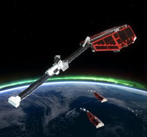 Illustrazione artistica che mostra i tre satelliti Esa della missione Swarm per lo studio del campo magnetico terrestre. Crediti: Esa/Aoes Medialab