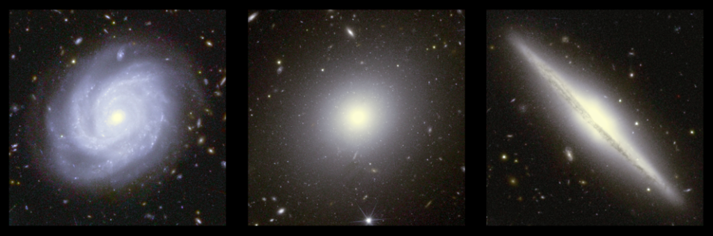 Tre galassie osservate con il telescopio spaziale Euclid: a sinistra, una spirale vista di taglio (a sinistra), un'ellittica (al centro) e una spirale vista di taglio (a destra). Crediti: Esa/Euclid/Euclid Consortium/Nasa, image processing by J.-C. Cuillandre, E. Bertin, G. Anselmi