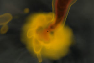 Un’immagine statica presa da una simulazione al computer della formazione e dell’evoluzione di un buco nero. Crediti: Ore Gottlieb/Simons Foundation