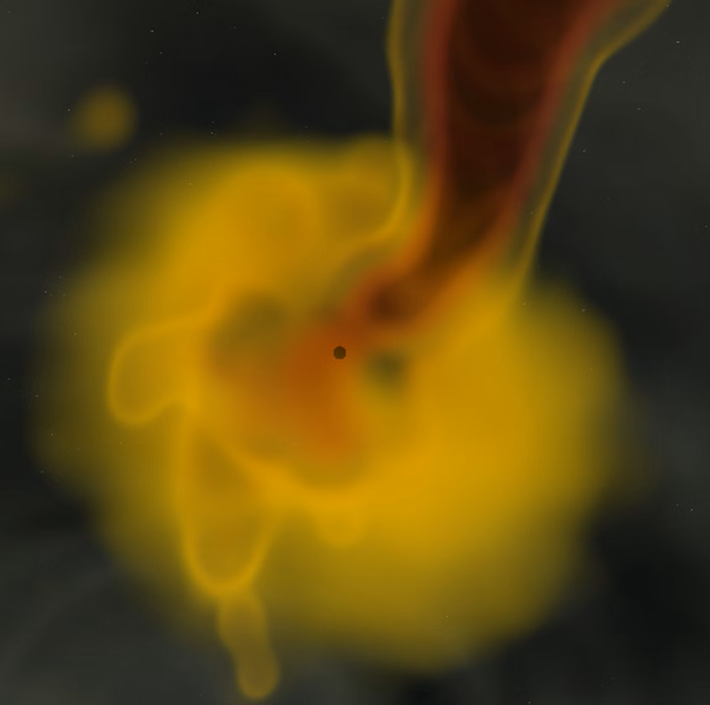 Un’immagine statica presa da una simulazione al computer della formazione e dell’evoluzione di un buco nero. Crediti: Ore Gottlieb/Simons Foundation