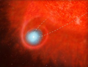 Impressione artistica di una stella che orbita molto vicina a una gigante rossa, così vicina da ritrovarsi all’interno dell’atmosfera della gigante rossa. Mentre attraversa la sua atmosfera, la stella raccoglie materiale dalla gigante rossa, che si deposita formando un disco attorno a essa. Crediti: Nasa, Esa e A. Feild (StScI).