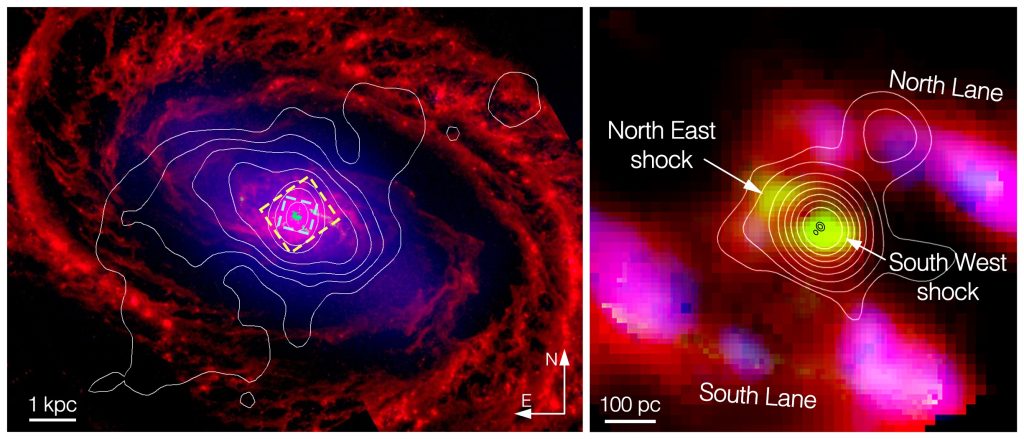 La galassia M58 e, a destra, un ingrandimento del suo centro. Crediti: A&A / Lopez et al.