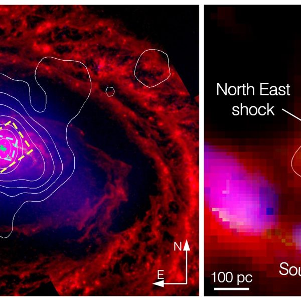 La galassia M58 e, a destra, un ingrandimento del suo centro. Crediti: A&A / Lopez et al.