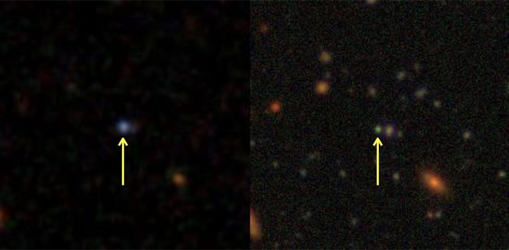 Immagini in luce visibile della galassia J0218−0036 (a circa 10 miliardi di anni luce di distanza), indicata dalle frecce gialle. L’immagine a sinistra è stata ottenuta dal Sloan Digital Sky Survey (Sdss), mentre quella a destra dalla Hyper Suprime-Cam (Hsc) sul telescopio Subaru. Poiché Hsc ha una sensibilità maggiore rispetto a Sdss, nell’immagine Hsc sono visibili molti oggetti deboli aggiuntivi. Il confronto delle luminosità nelle due immagini mostra che la galassia si è affievolita drasticamente tra circa il 2002 (Sdss) e il 2018 (Hsc). Crediti: Sdss, Hsc-Ssp/Naoj